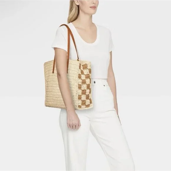 Universal Thread Straw Packable Checker Boxy Tote Beige NWT Summer Bag - Picture 2 of 10